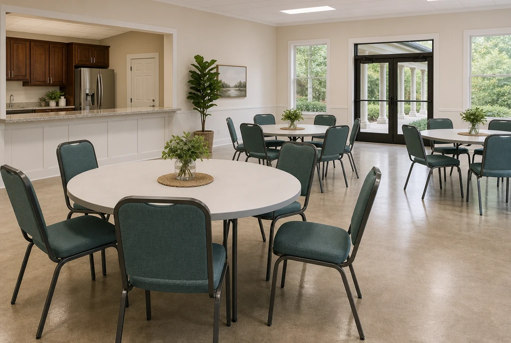 Blue-green upholstered metal chairs around round tables in an illustrative South Carolina church hall