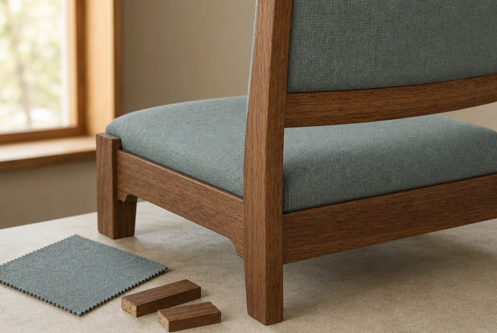 Pecan-brown wood chair detail with blue-green upholstery and material samples