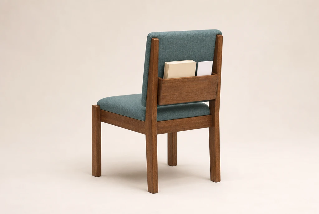 Medium pecan-brown hardwood church chair concept with muted blue-green woven fabric and a rear book rack