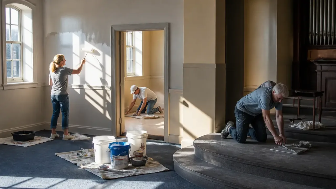 People painting a wall and working on floor surfaces near tall windows and an organ