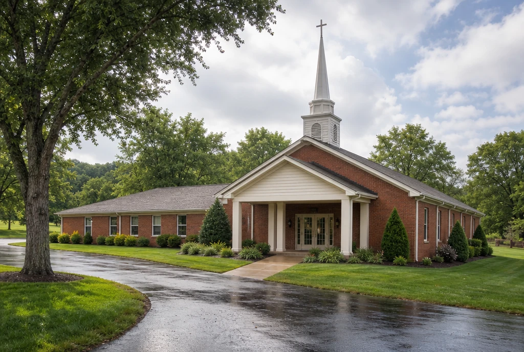 Illustrative Middle Tennessee brick church with a white steeple, covered entrance and rolling oak-lined grounds