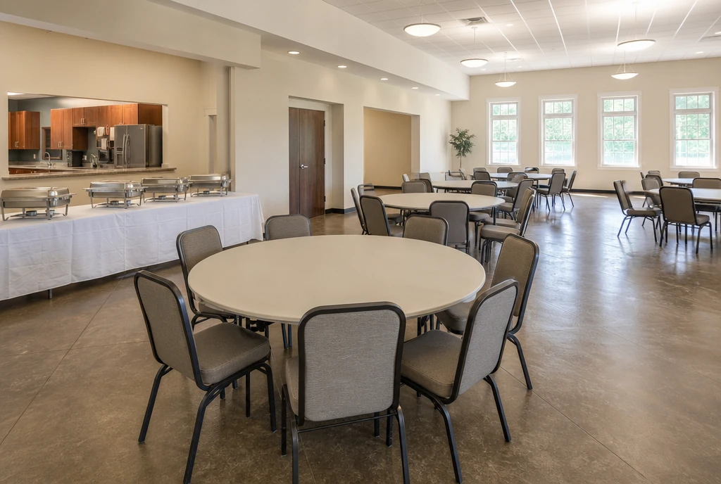 Round meal tables and coordinated greige chairs in an illustrative Tennessee fellowship hall