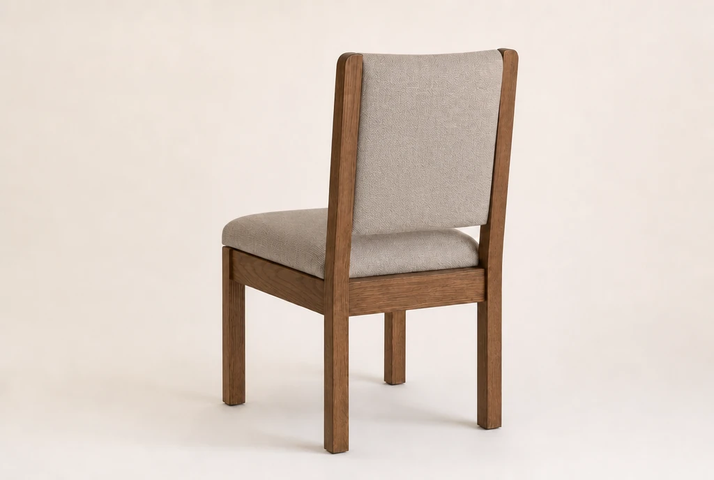 Matching warm walnut church chair concept with greige upholstery and no rear rack