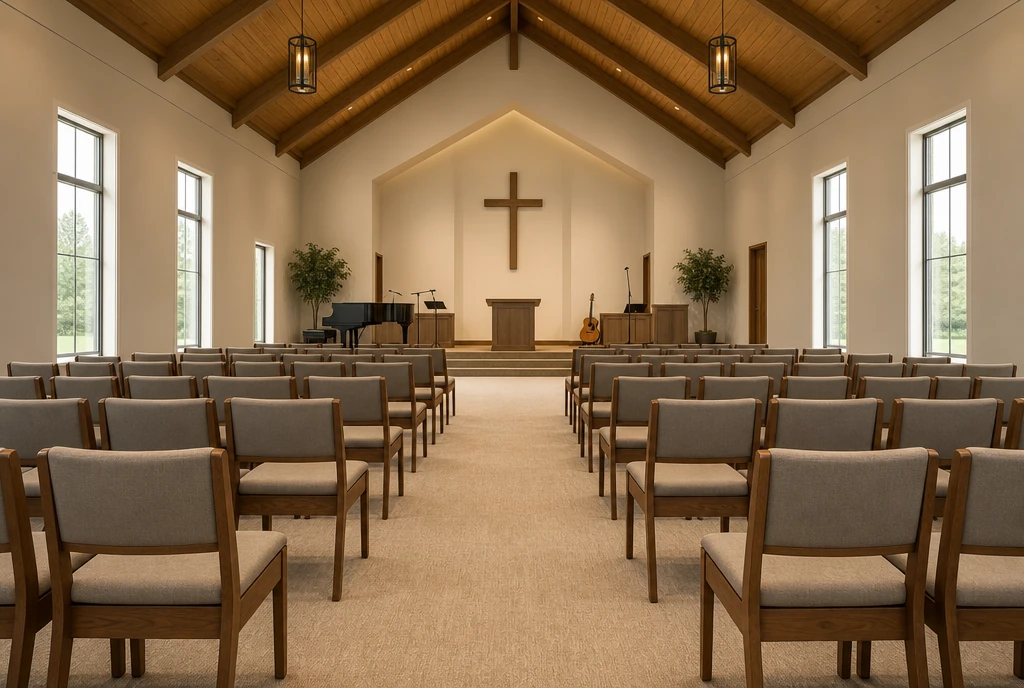 Warm walnut chairs with greige upholstery in an illustrative Tennessee sanctuary