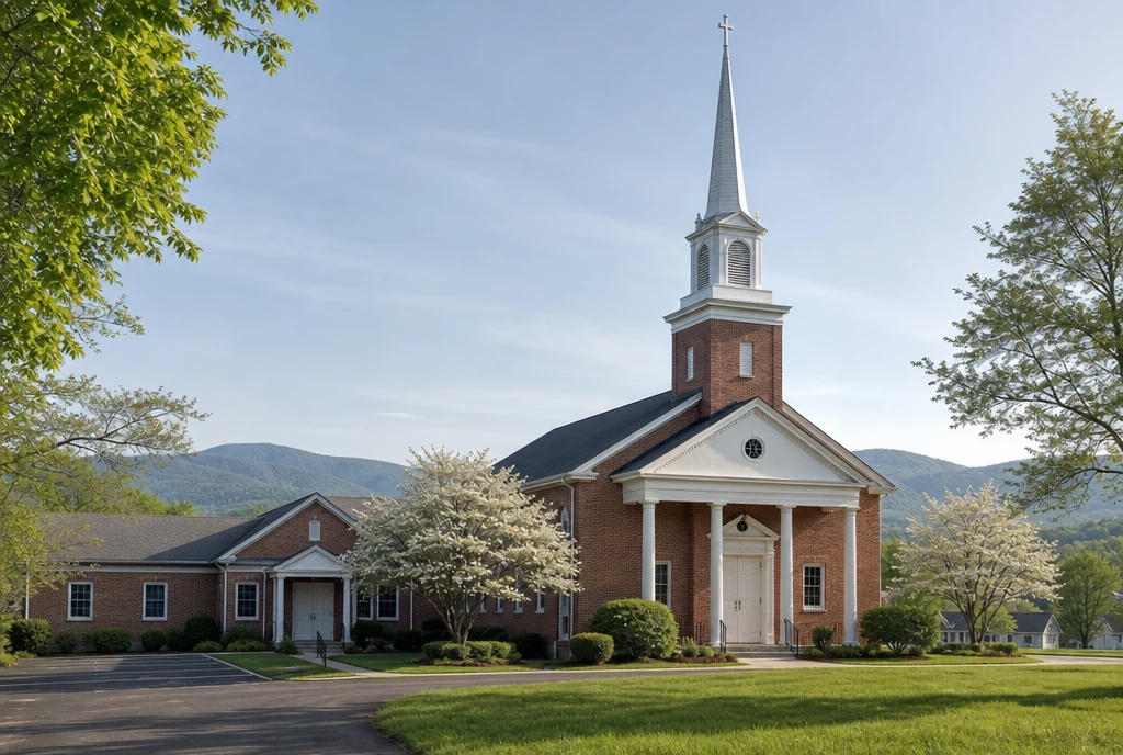 Illustrative church exterior in a Shenandoah Valley village setting
