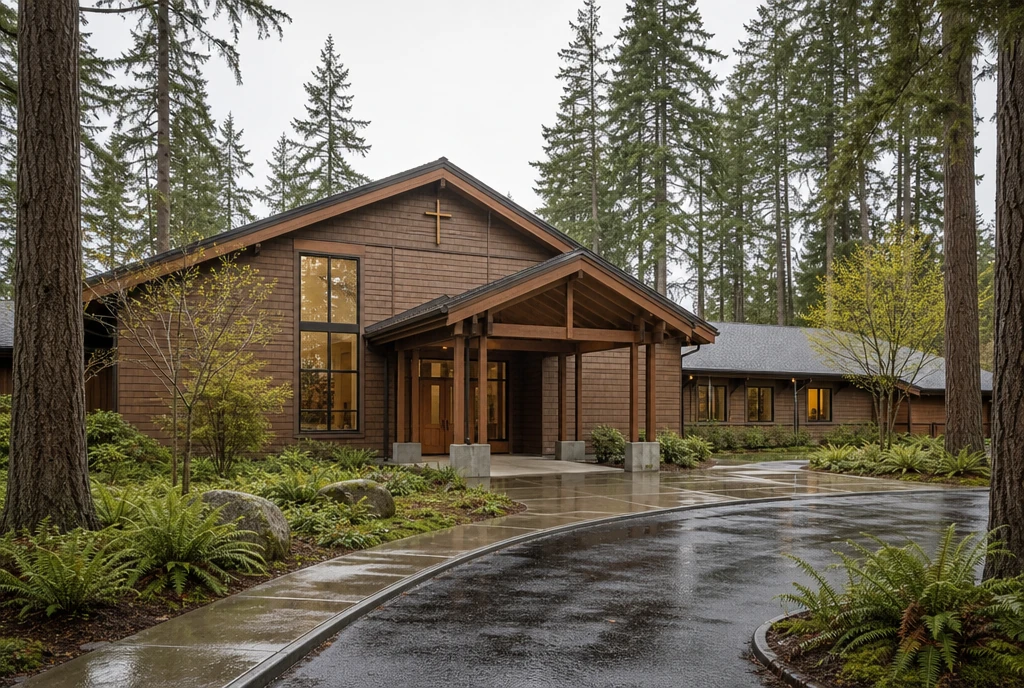 Illustrative church exterior in a western Washington Puget Sound setting