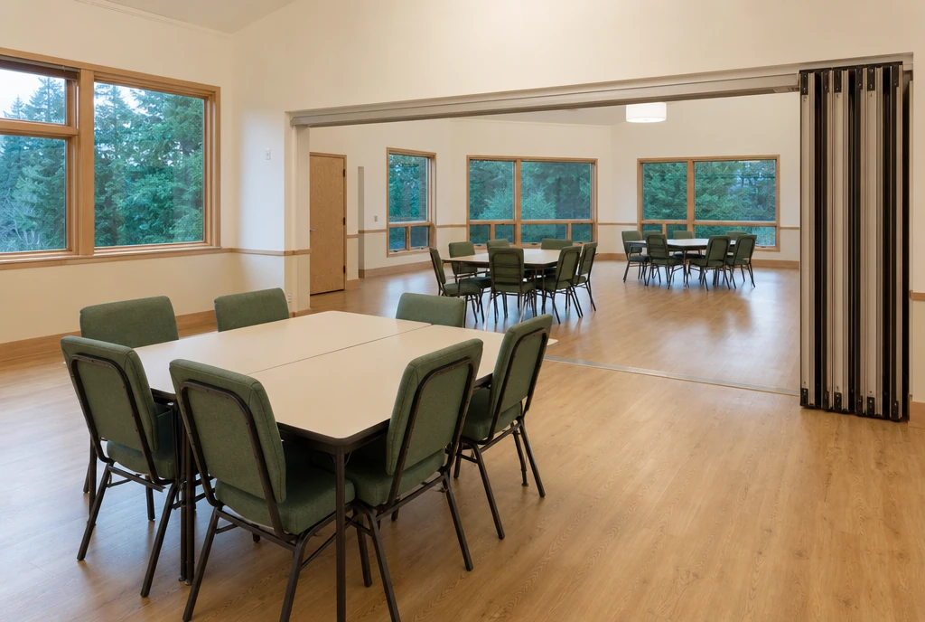 Fern-green upholstered metal chairs and tables in an illustrative Washington church hall with an open partition