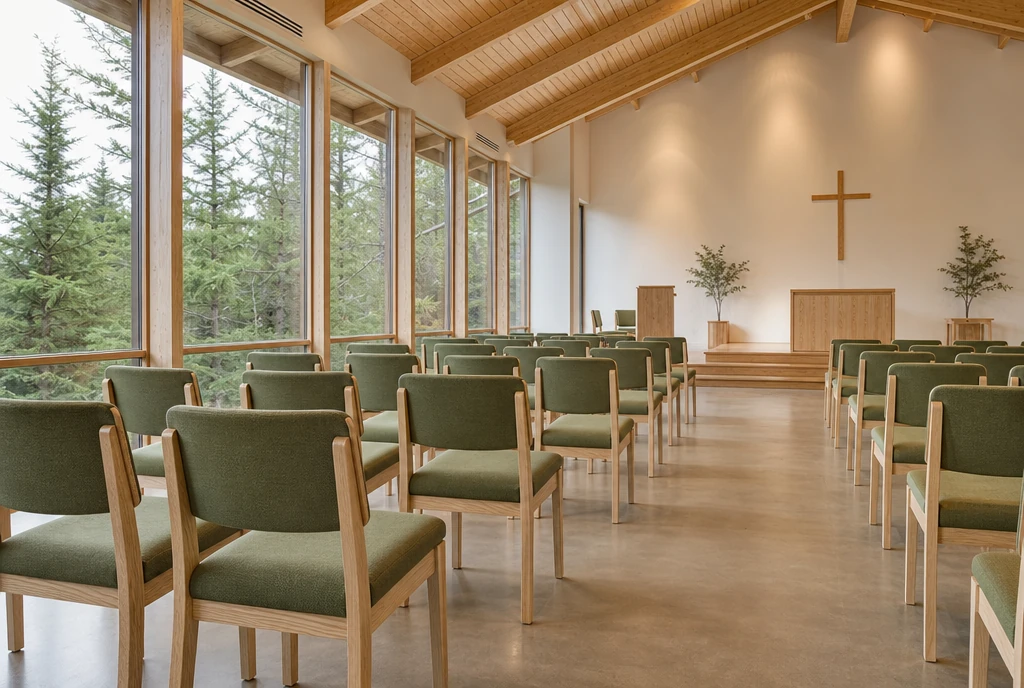 Natural ash chairs with fern-green upholstery in an illustrative western Washington church sanctuary