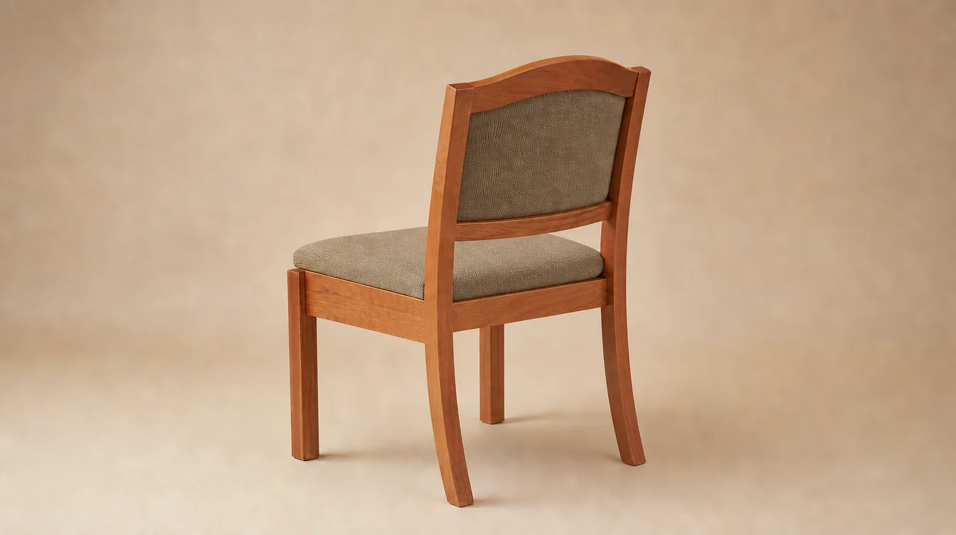 A solid cherry church chair with a softly arched top rail and upholstered inset back, gently shaped rear legs and a medium warm cherry finish, moss-taupe woven seat and back with a clean back and no rear book rack