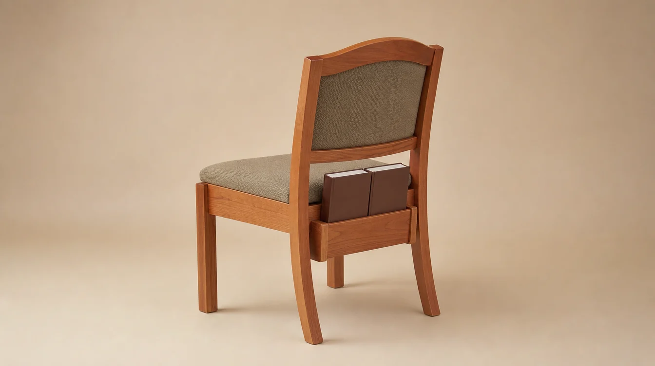 A solid cherry church chair with a softly arched top rail and upholstered inset back, gently shaped rear legs and a medium warm cherry finish, moss-taupe woven seat and back with a rear book rack