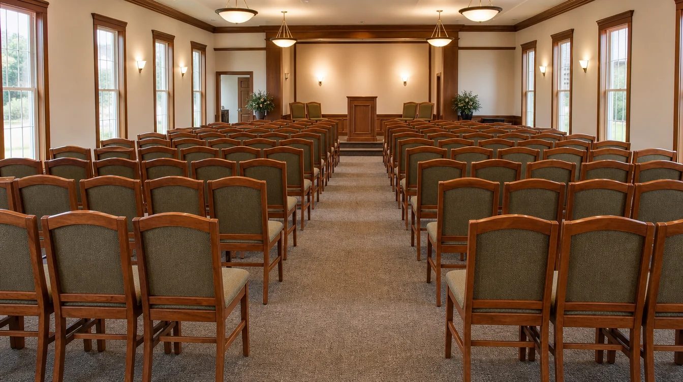 West Virginia church sanctuary with rows of a solid cherry church chair with a softly arched top rail and upholstered inset back, gently shaped rear legs and a medium warm cherry finish, moss-taupe woven seat and back