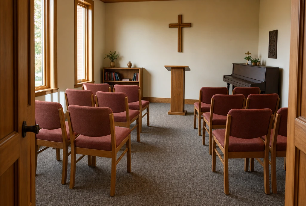 Amber-maple chairs with muted brick-red upholstery in an illustrative Wisconsin side chapel