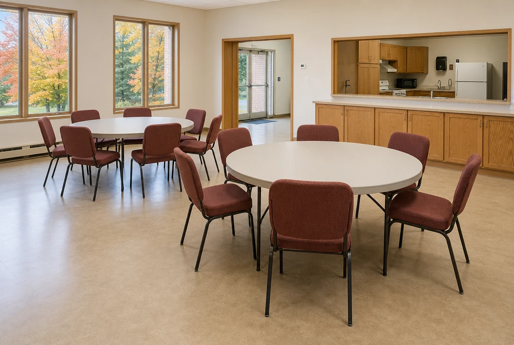 Brick-red upholstered metal chairs around round tables in an illustrative Wisconsin fellowship room