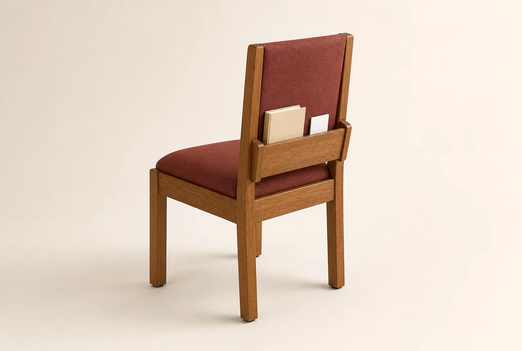 Medium amber-stained maple hardwood church chair concept with muted brick-red woven upholstery and a rear book rack