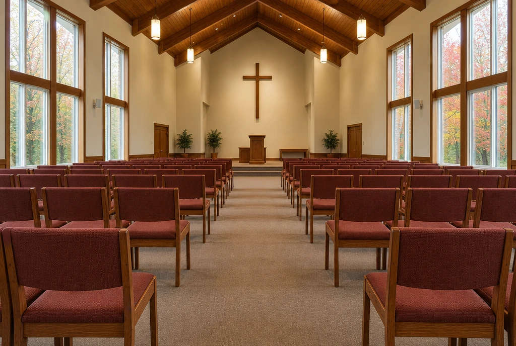 Brick-red upholstered maple church chairs in an illustrative Wisconsin sanctuary